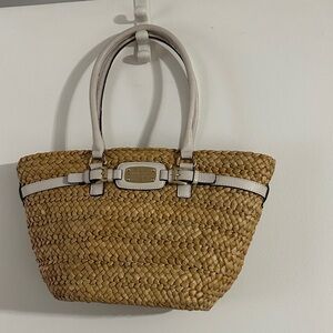 Michael Kors Tan Woven Straw Tote with White Trim